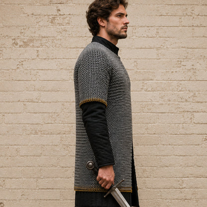 8mm Riveted Chainmail Shirt – Half Sleeve Medieval Haubergeon with Brass Edge