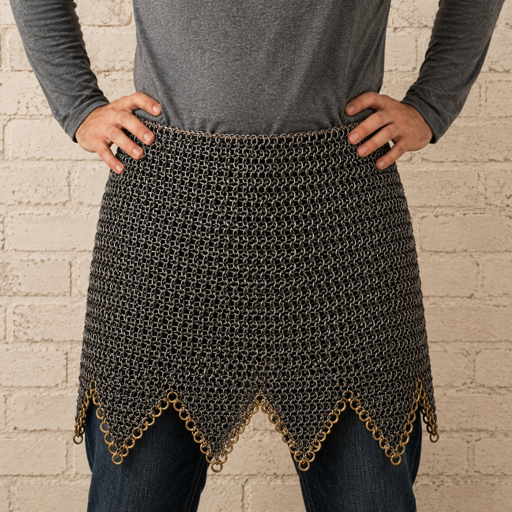 Medieval Chainmail Skirt – 9mm Flat Riveted Steel Armor with Brass Zigzag Trim