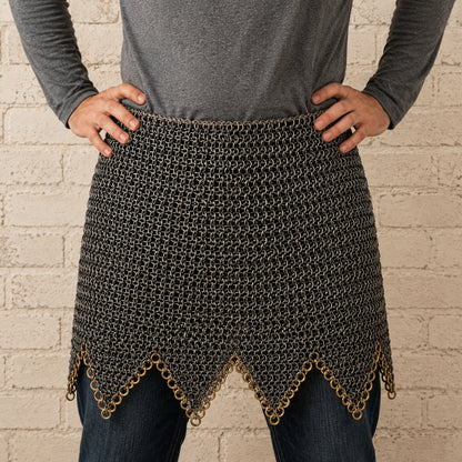 Medieval Chainmail Skirt – 9mm Flat Riveted Steel Armor with Brass Zigzag Trim