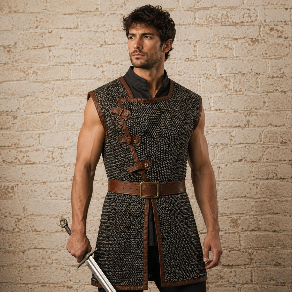 9MM Sleeveless Chainmail Hauberk – Round Ring Riveted Aluminum Armor with Brown Leather Trim