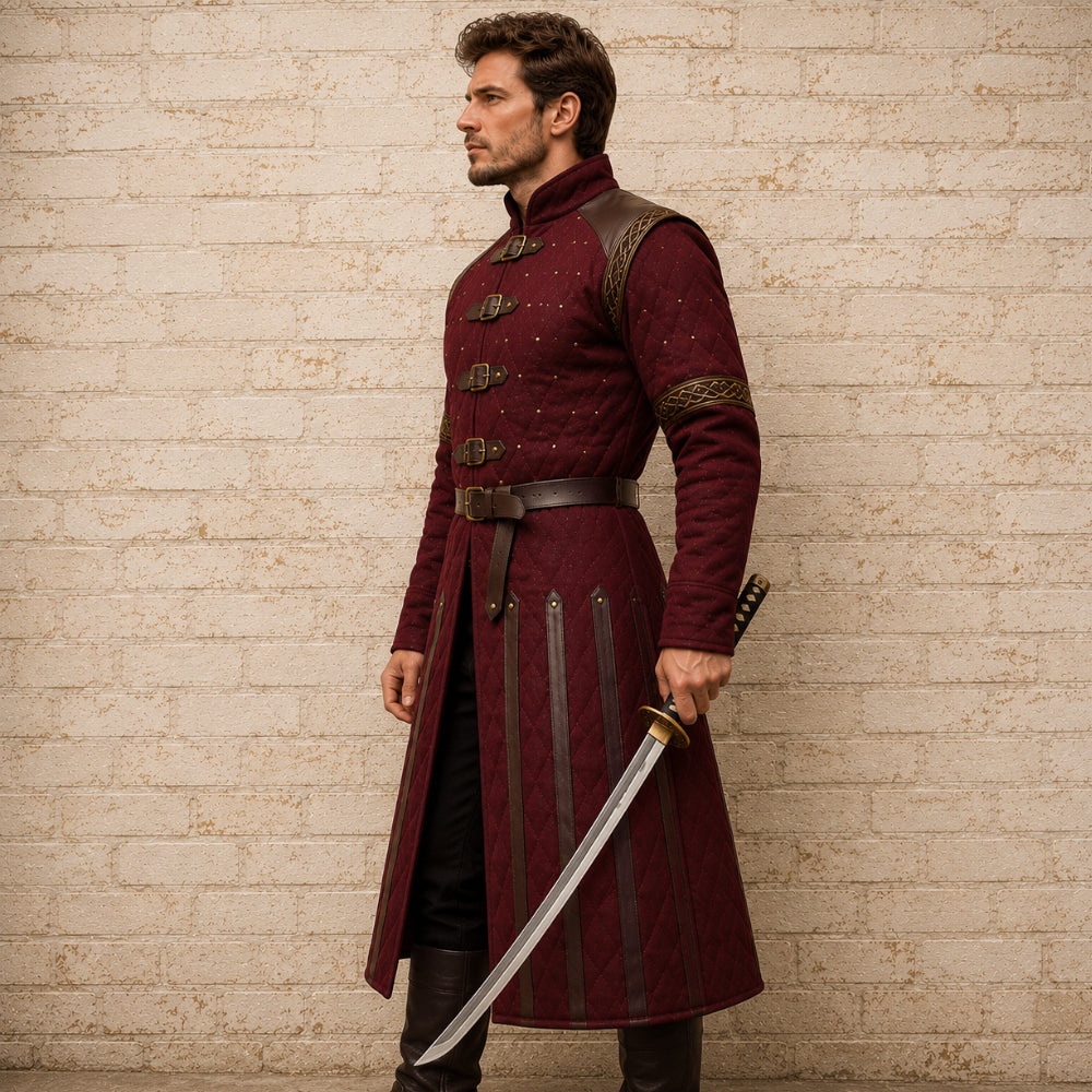 Medieval Padded Gambeson with Brown Leather Trim – Viking LARP Armor