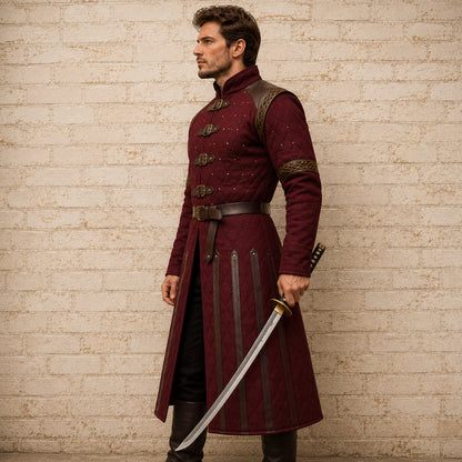 Medieval Padded Gambeson with Brown Leather Trim – Viking LARP Armor