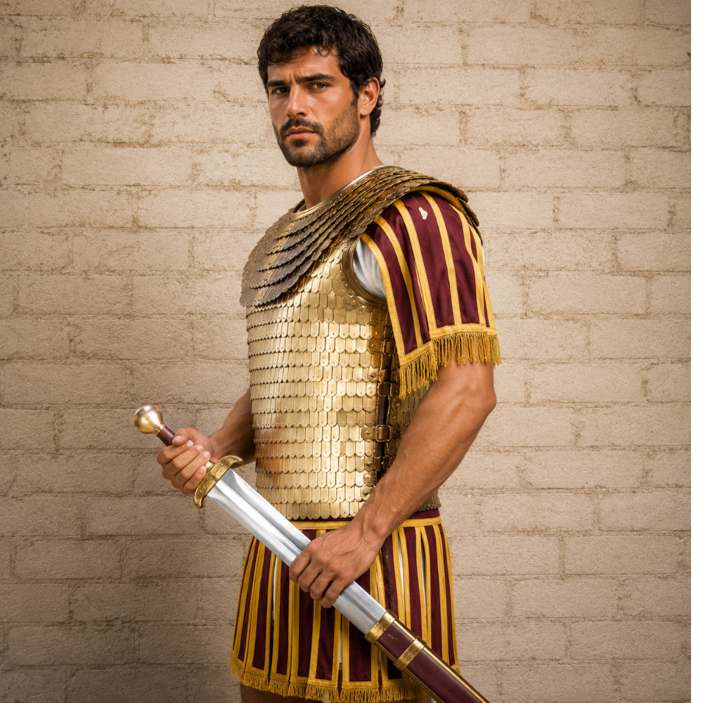 Brass Scale Lorica Squamata Armor – Roman Empire Scale Mail with Leather Trim Edges