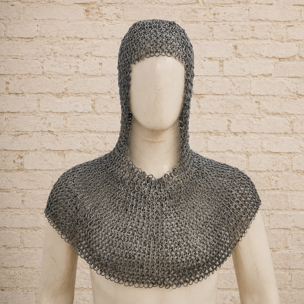8MM Mild Steel Flat Riveted Chainmail Hauberk – Half Sleeve Front Open Medieval Shirt for Ren Faire & Halloween Costume