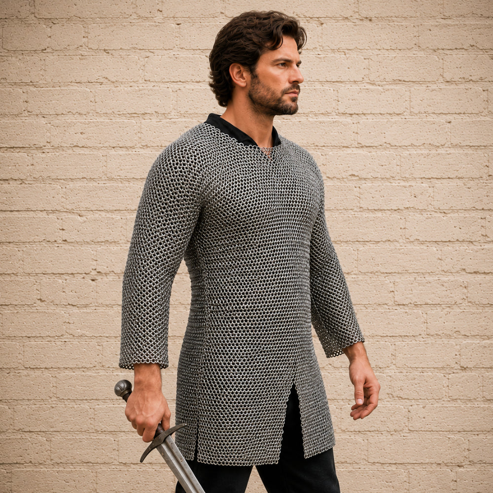 Aluminium Chainmail Shirt – 10MM Flat Riveted Hauberk with Solid Rings for Medieval Armor, LARP & Halloween Costume