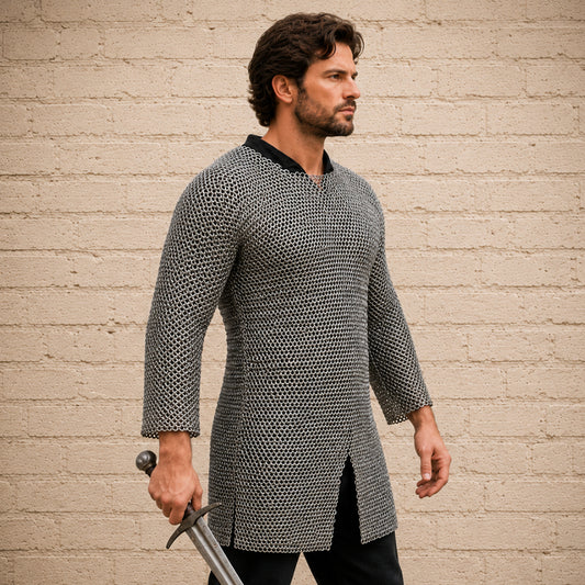Aluminium Chainmail Shirt – 10MM Flat Riveted Hauberk with Solid Rings for Medieval Armor, LARP & Halloween Costume