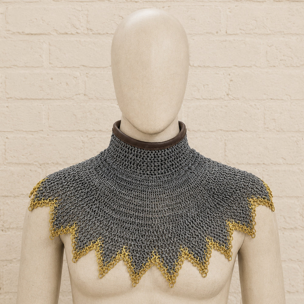 Medieval Chainmail Collar – 6mm Flat Ring with Brass Zigzag Edges for Neck Protection