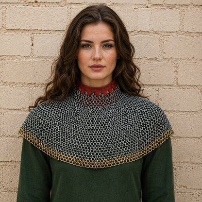6mm Riveted Chainmail Collar with Brass Trim – Bishop Mantle for Medieval Costumes, LARP & Halloween Gifts