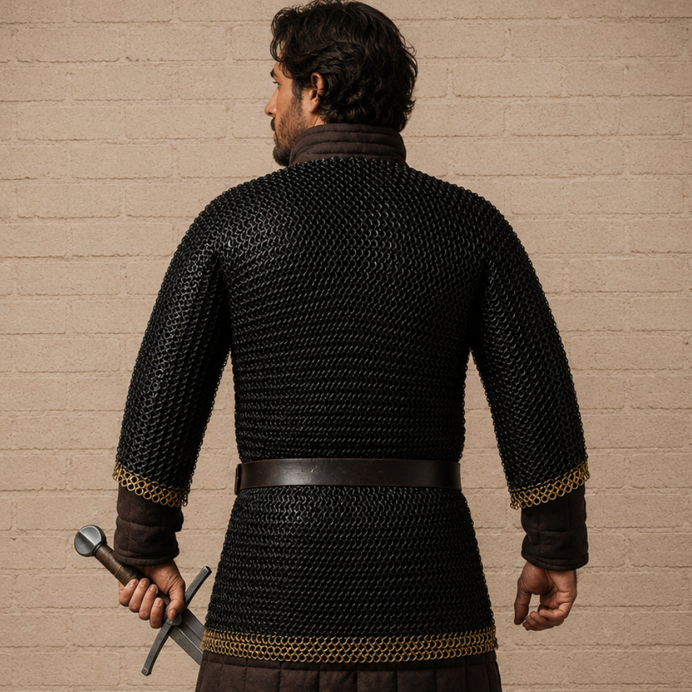 9mm Riveted Chainmail Haubergeon – Flat Ring Viking Armor with Brass Trim