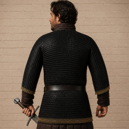 9mm Riveted Chainmail Haubergeon – Flat Ring Viking Armor with Brass Trim