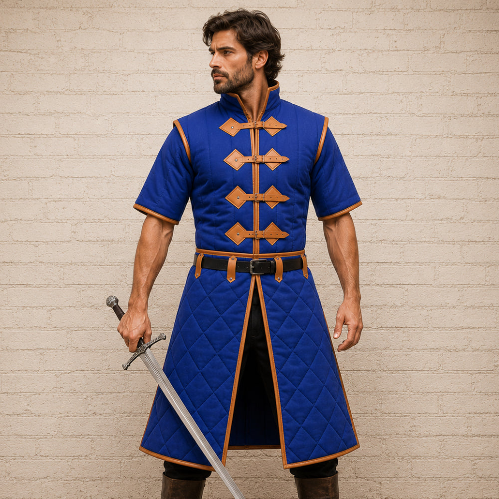 Medieval Padded Gambeson – Royal Blue Cotton Armor with Tan Leather Trim, Renaissance Fair Costume