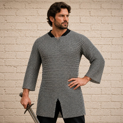 Aluminium Chainmail Shirt – 10MM Flat Riveted Hauberk with Solid Rings for Medieval Armor, LARP & Halloween Costume