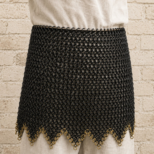 Medieval Chainmail Skirt – 9mm Flat Riveted Steel Armor with Brass Zigzag Trim