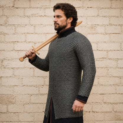 8MM Flat Riveted Chainmail Shirt with Solid Rings – Medieval Hauberk Armor