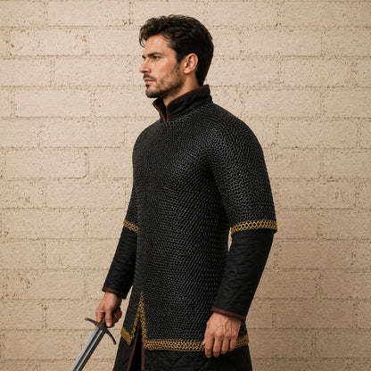 9mm Flat Riveted Chainmail Shirt with Double Brass Trim – Solid Ring Mail Armor