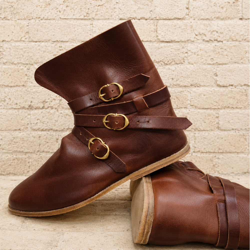 Late Medieval Leather Buckle Boots – Brown & Black Medieval Footwear
