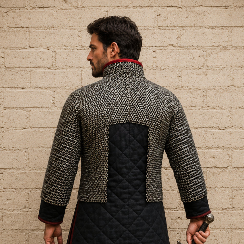 Chainmail Half Hauberk – 9MM Flat Riveted Rings with Leather Trim
