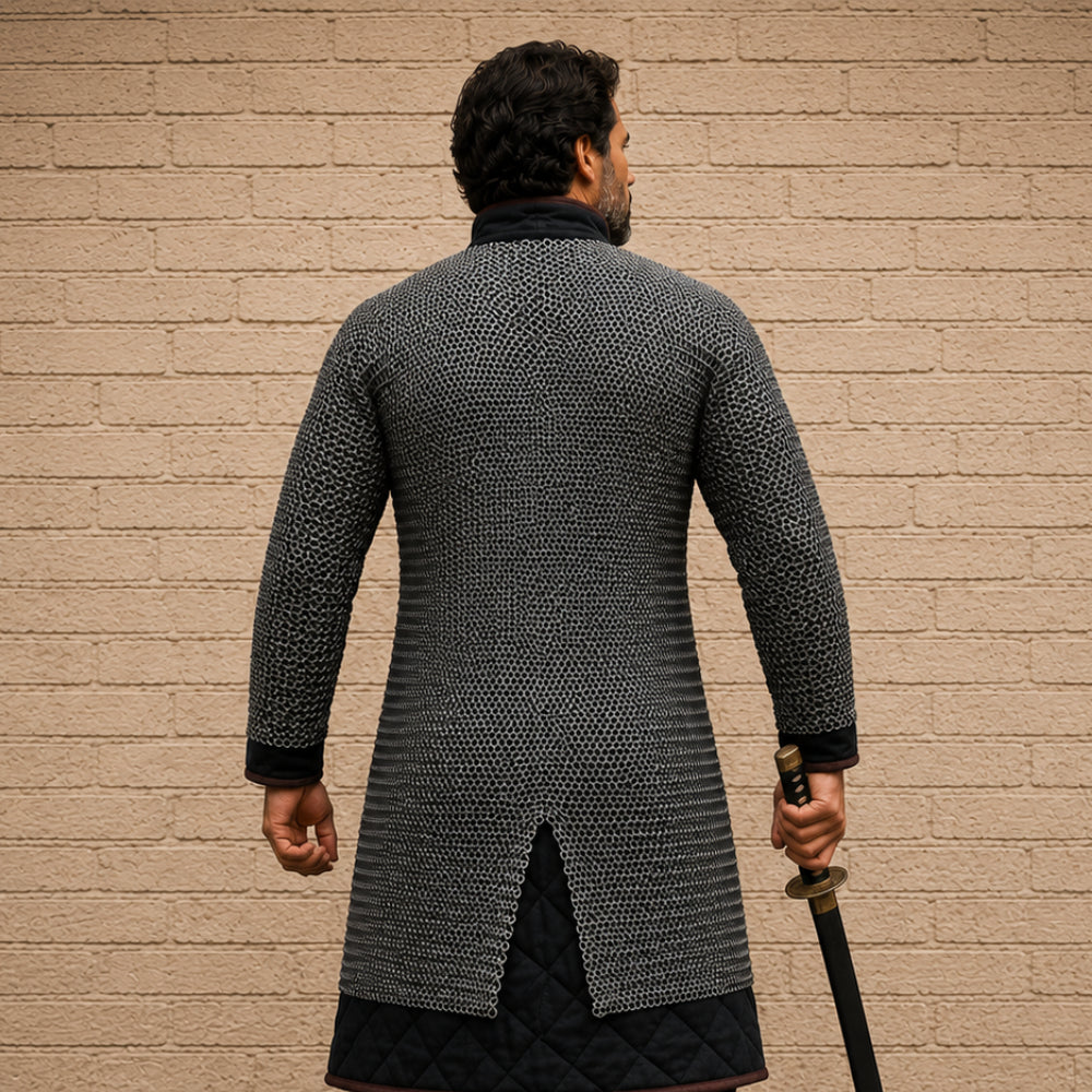 9MM Flat Riveted Chainmail Shirt with Solid Rings – Medieval Hauberk Armor for Halloween & Cosplay Gift