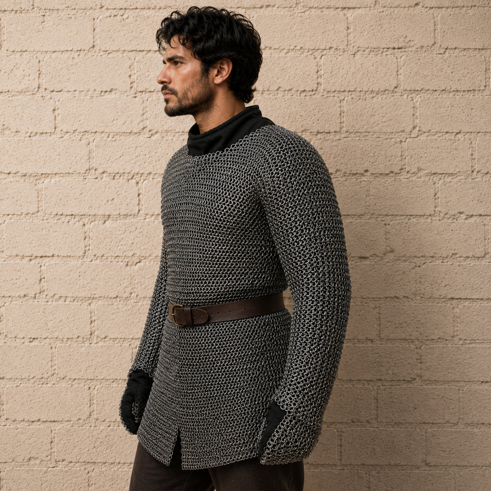 9MM Mild Steel Chainmail Hauberk with Attached Gloves – Flat Riveted Medieval Armor