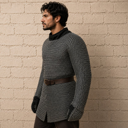 9MM Mild Steel Chainmail Hauberk with Attached Gloves – Flat Riveted Medieval Armor