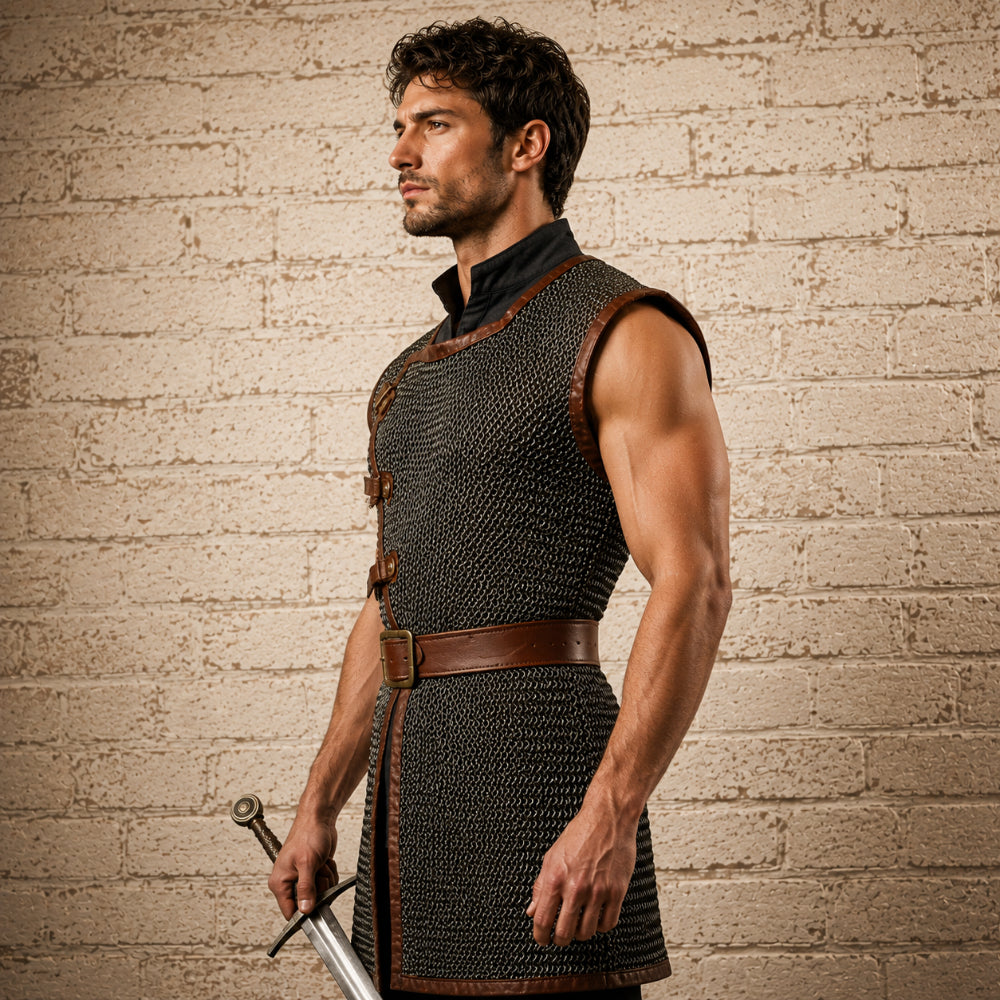 9MM Sleeveless Chainmail Hauberk – Round Ring Riveted Aluminum Armor with Brown Leather Trim