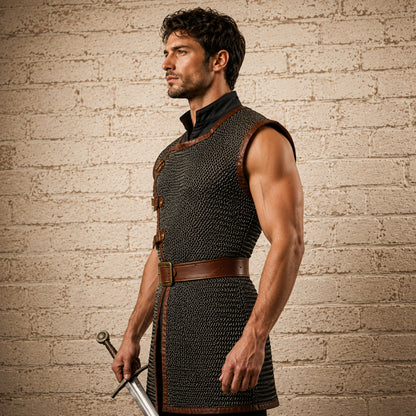 9MM Sleeveless Chainmail Hauberk – Round Ring Riveted Aluminum Armor with Brown Leather Trim