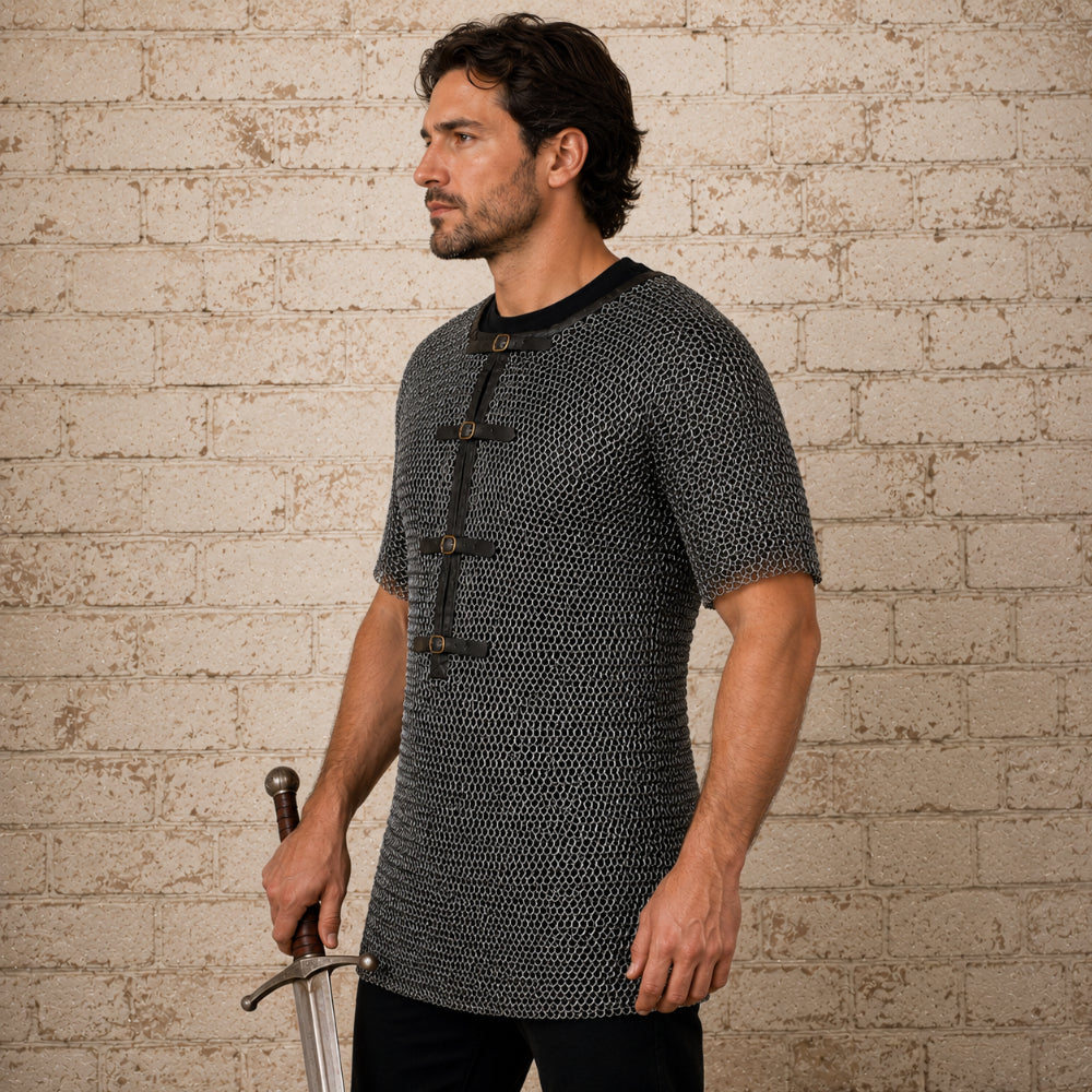9MM Flat Ring Riveted Chainmail Shirt – Half Sleeve Medieval Armor Costume in Mild Steel for Ren Faire & LARP