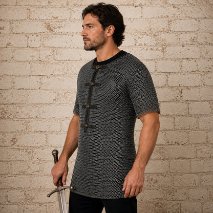 9MM Flat Ring Riveted Chainmail Shirt – Half Sleeve Medieval Armor Costume in Mild Steel for Ren Faire & LARP