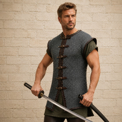 9MM Flat Riveted Chainmail Shirt with Washers – Sleeveless Medieval Costume Armor