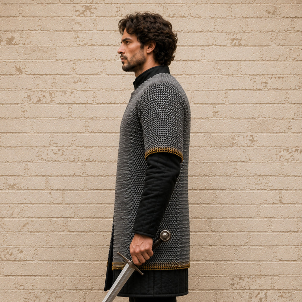 8mm Riveted Chainmail Shirt – Half Sleeve Medieval Haubergeon with Brass Edge