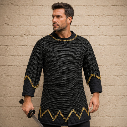 Blackened Chainmail Shirt – 9MM Flat Riveted Armor with Brass Zigzag Border
