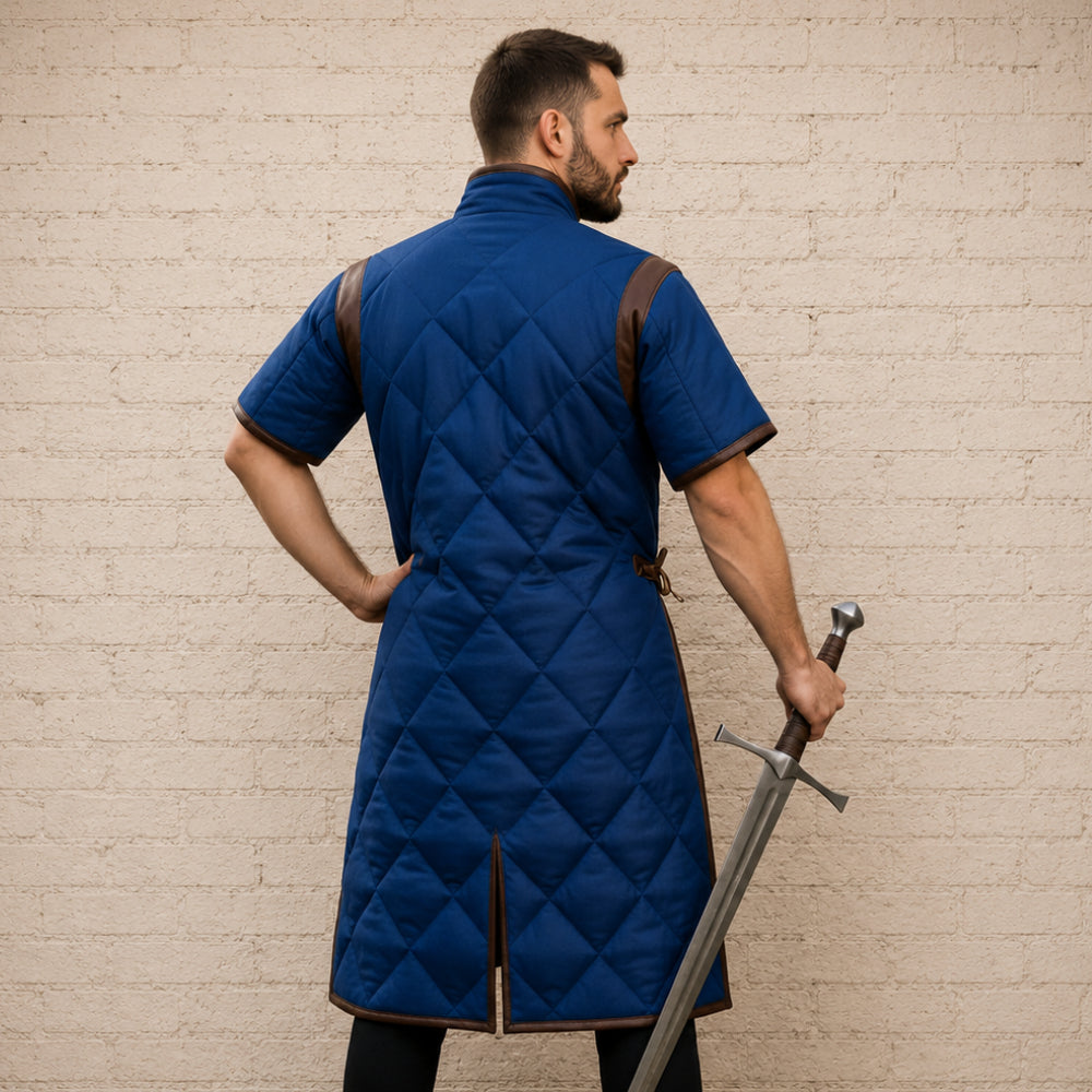 Medieval Gambeson with Brown Leather Trim | Padded Cotton Armor, Half Sleeves & Open Armpit Design