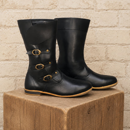 Medieval Black Leather Viking Boots – Reenactment Footwear for Ren Faire, LARP & Cosplay