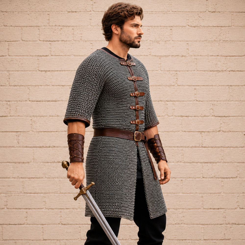 8MM Mild Steel Flat Riveted Chainmail Hauberk – Half Sleeve Front Open Medieval Shirt for Ren Faire & Halloween Costume