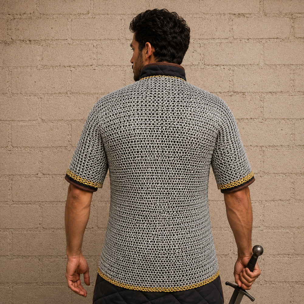 9mm Haubergeon Chainmail Shirt with Brass Trim – Flat Riveted Ring Armor