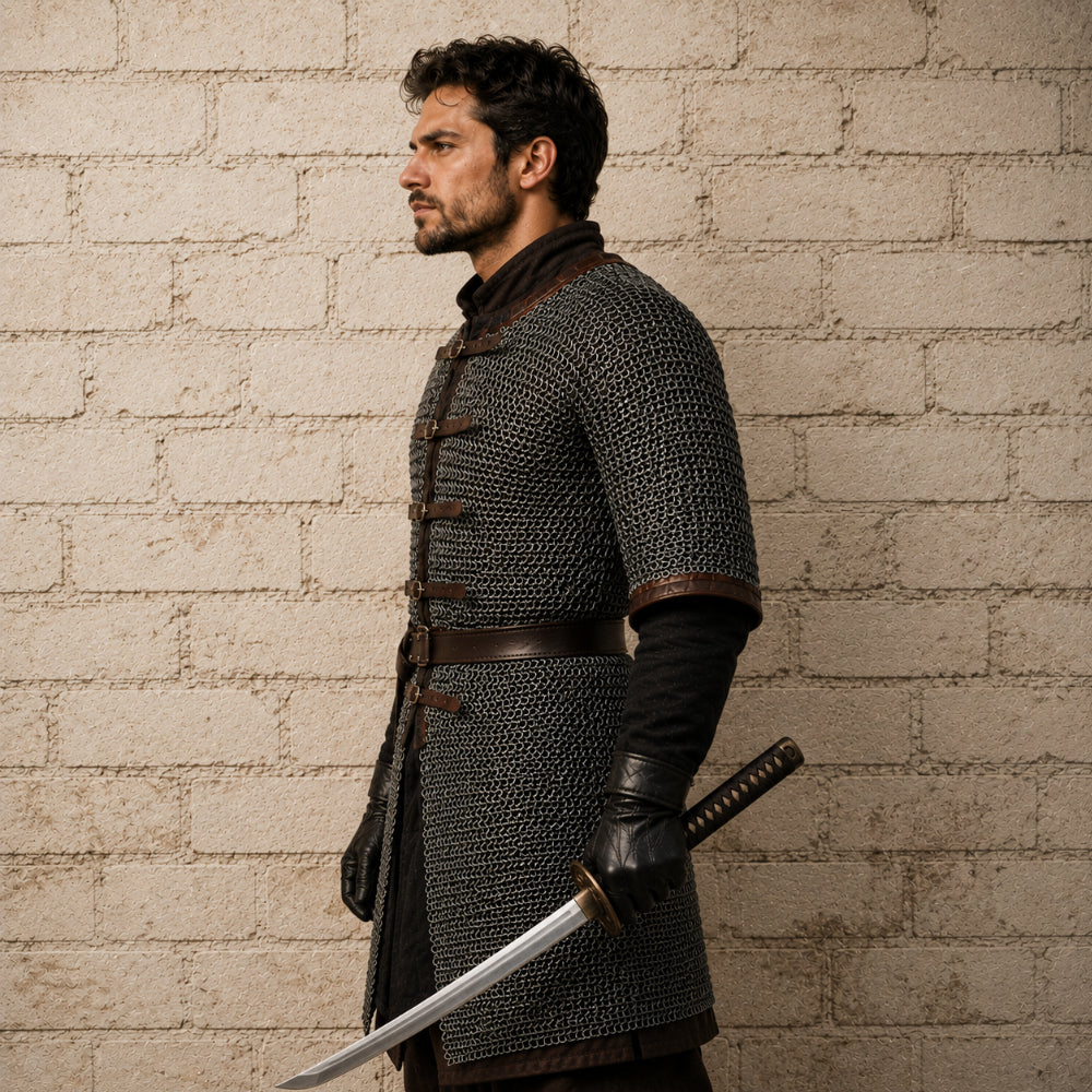 Dark Gray Aluminum Chainmail Hauberk – 9mm Flat Ring Half Sleeve Front Open Armor