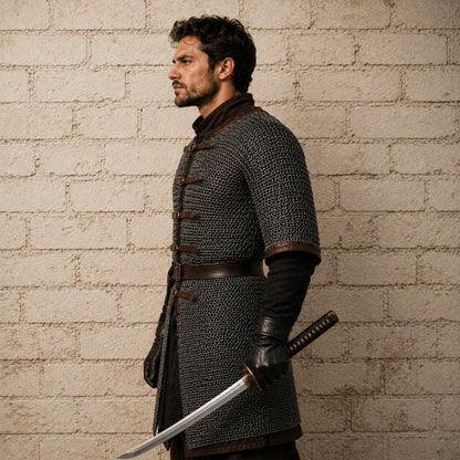 Dark Gray Aluminum Chainmail Hauberk – 9mm Flat Ring Half Sleeve Front Open Armor
