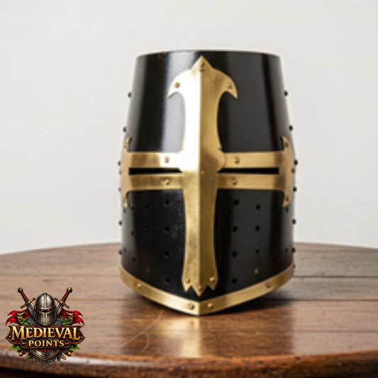 Black Crusader Helmet Brass Trim – Knights Templar Helmet Practice Armor for Reenactment & Cosplay