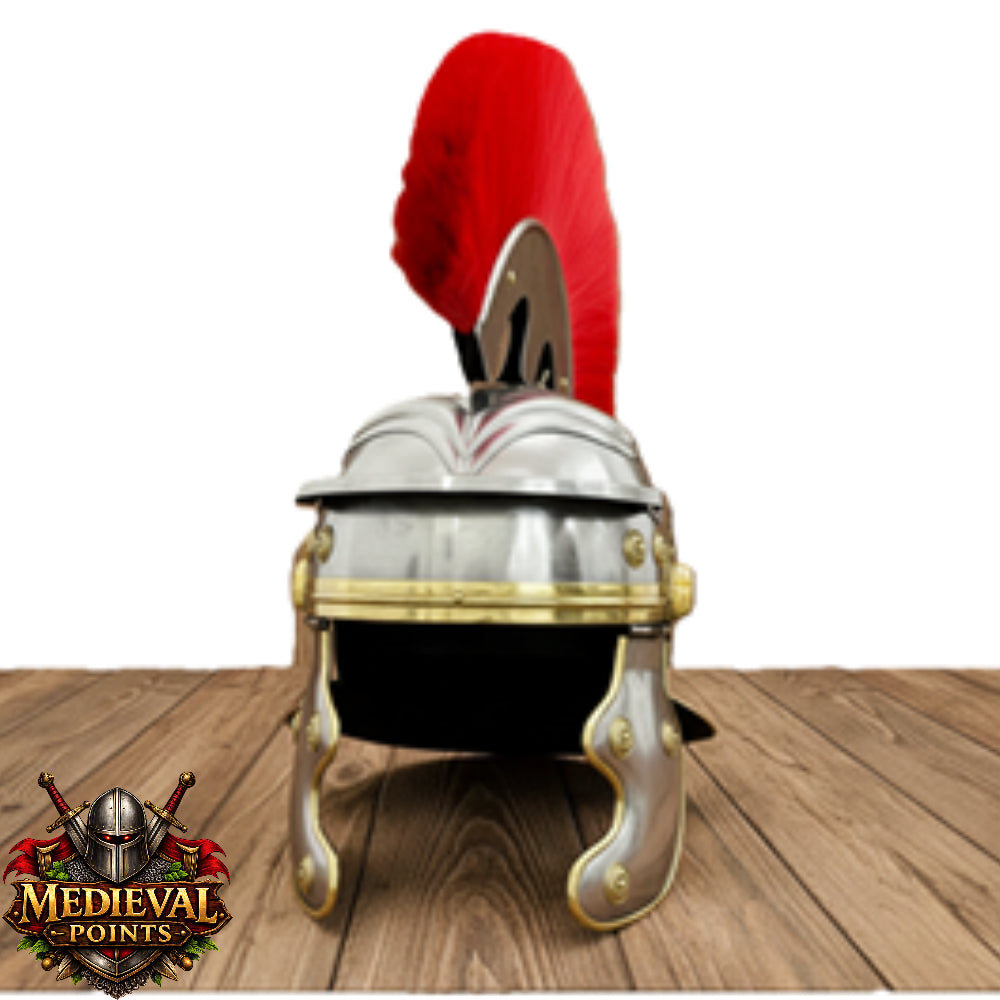 Roman Centurion Helmet : Roman Helmet with Red Plume-  Display Wooden Stand