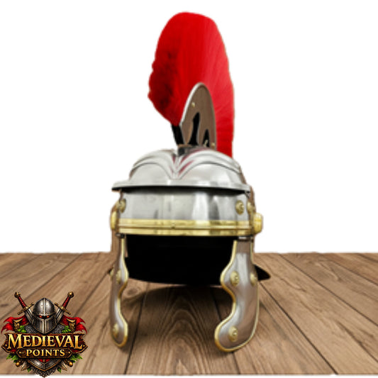 Roman Centurion Helmet : Roman Helmet with Red Plume-  Display Wooden Stand