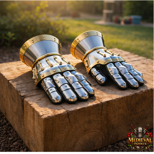 Medieval Hourglass Gauntlets 16 Gauge Steel with Brass Accents & Leather Gloves | SCA LARP Armor