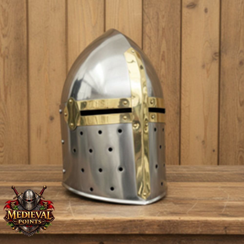 New Suger-loaf Helmet with wooden stand , Silver Crusader Helmet