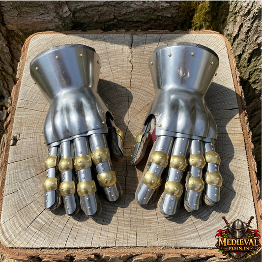 Churburg Gauntlets – Medieval 16G Steel Knight Armor Gloves with Brass Accents
