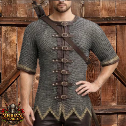 Stainless steel Chain-mail Hauberk: 9 mm Flat Riveted Rings , Open Leather Zig zag Brass Row