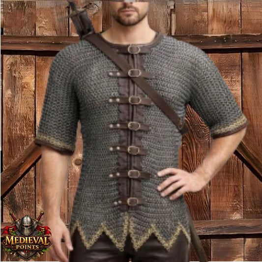 Stainless steel Chain-mail Hauberk: 9 mm Flat Riveted Rings , Open Leather Zig zag Brass Row