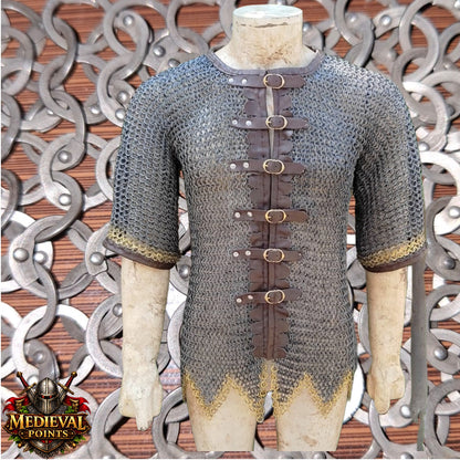 Stainless steel Chain-mail Hauberk: 9 mm Flat Riveted Rings , Open Leather Zig zag Brass Row