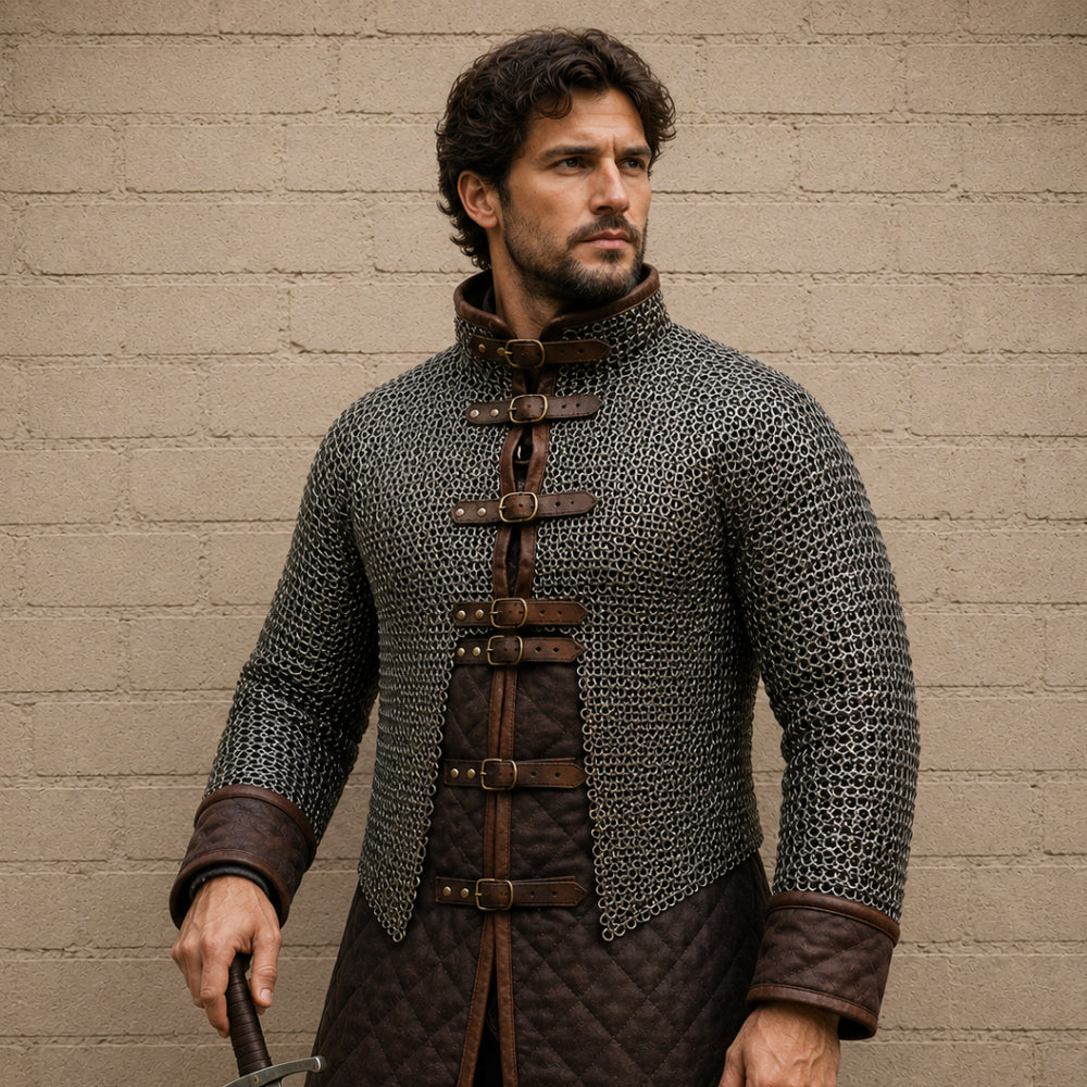 Chainmail Half Hauberk – 9MM Flat Riveted Rings with Leather Trim