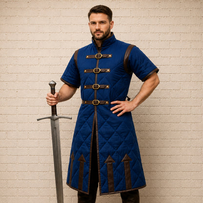 Medieval Gambeson with Brown Leather Trim | Padded Cotton Armor, Half Sleeves & Open Armpit Design