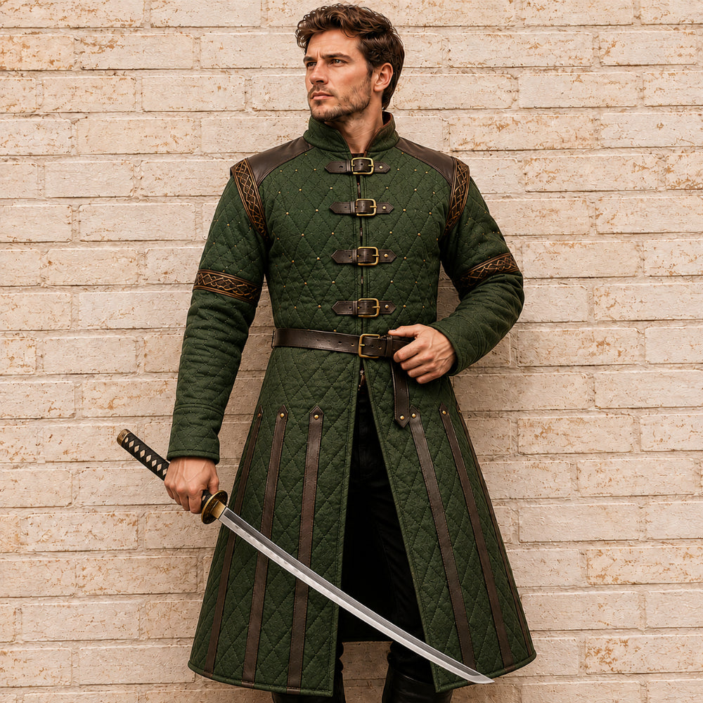 Medieval Padded Gambeson with Brown Leather Trim – Viking LARP Armor