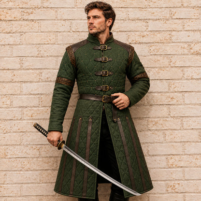 Medieval Padded Gambeson with Brown Leather Trim – Viking LARP Armor